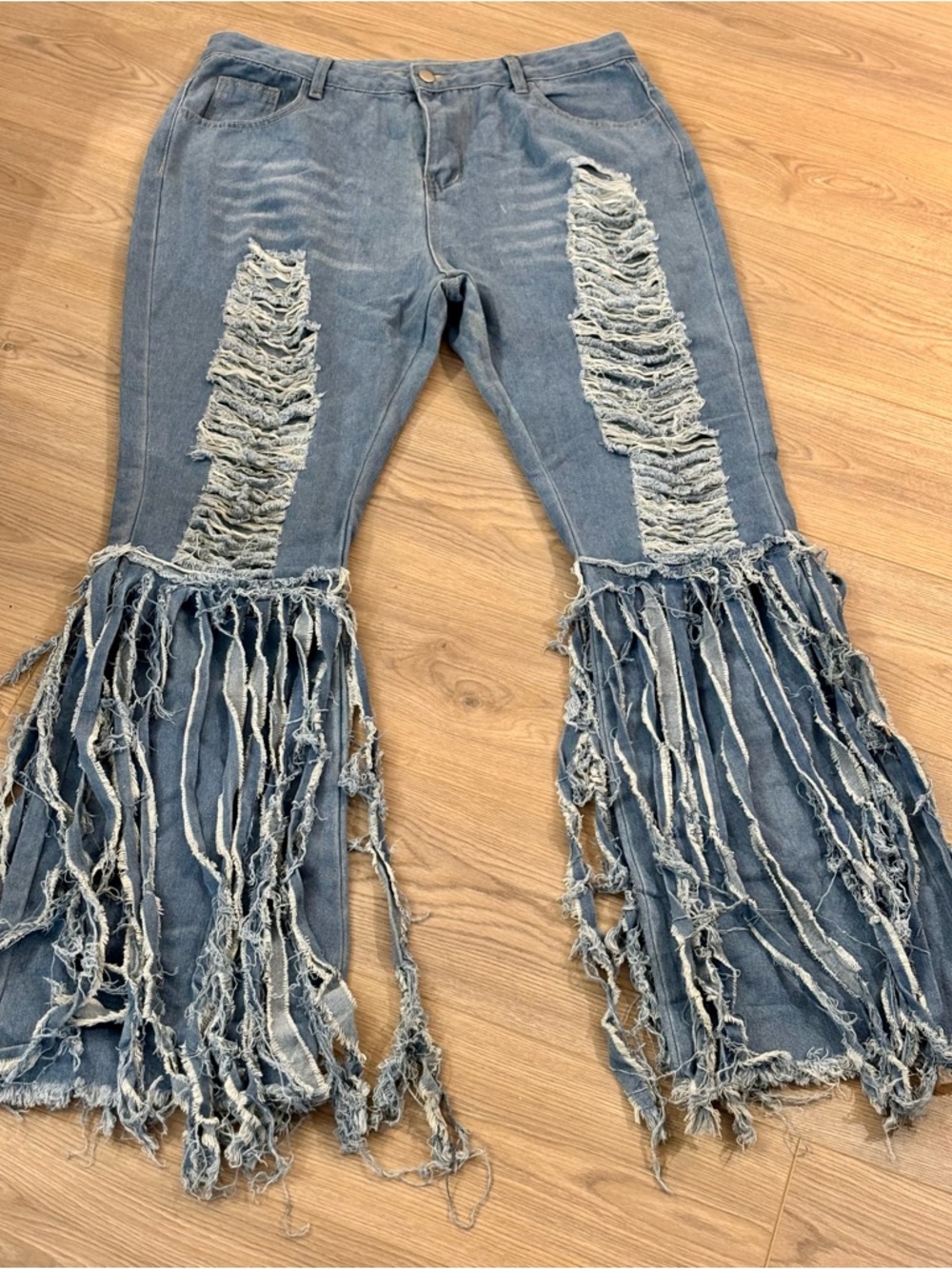 Fringed Light Blue Distressed Wide Leg Jeans